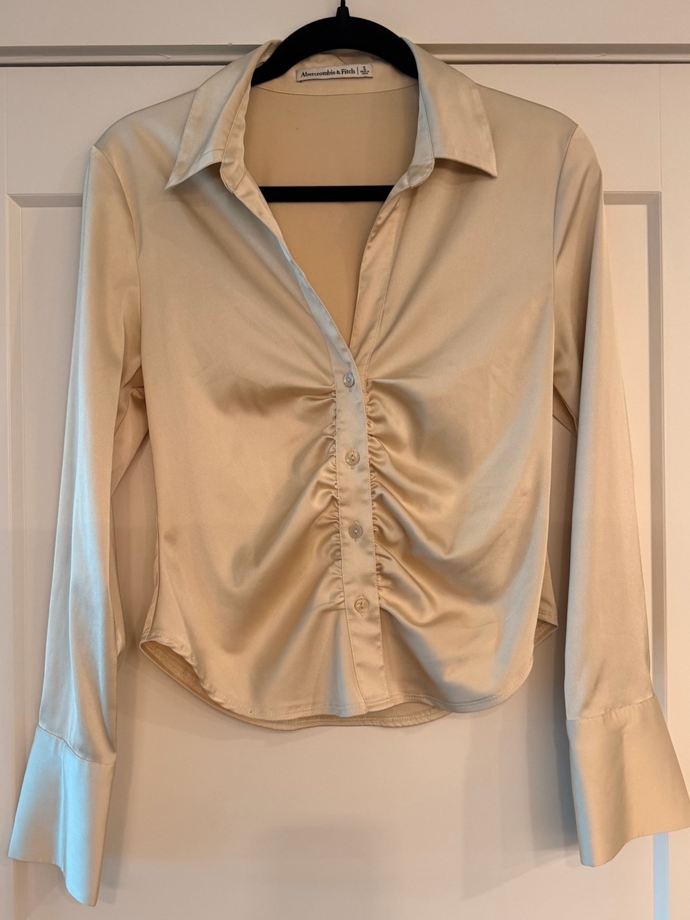 Abercrombie & Fitch Cream Satin Ruched Button-Front Shirt